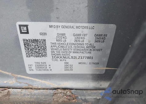 2020 GMC Acadia Awd Slt z USA, uszkodzony, nr VIN 1GKKNULS2LZ177801